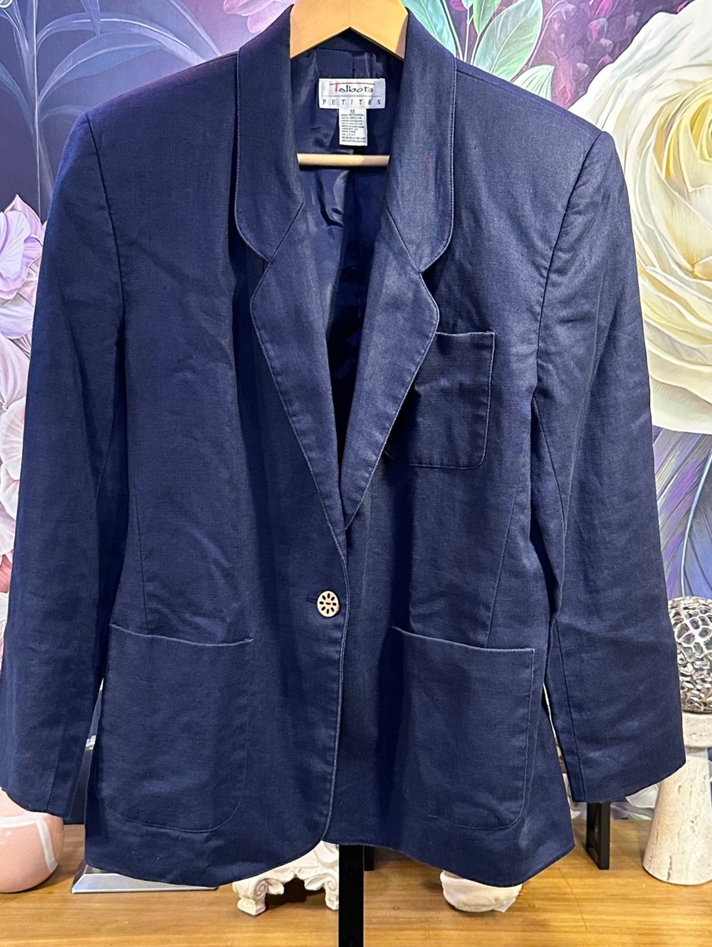 Talbots 12 100% Linen Jacket Navy Blue Single Button Lined Pockets Shoulder Pads